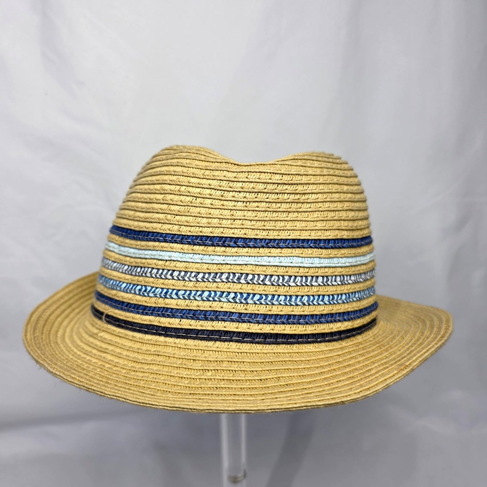 Target Straw Fedora Hat Mens One Size‎ Tan Blue Striped Band Summer Sun Beach